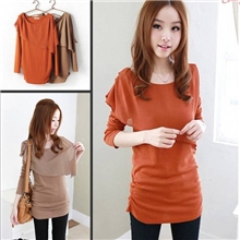 2013春夏韩版修身斜边女棉中长款打底衫雪纺上衣长袖T袖批发