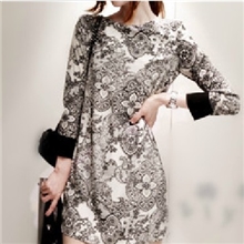2013韩版新款partysu早春甜美复古典雅黑白花连衣裙厂家批发