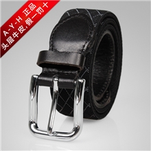 【爆款】男士真皮休闲牛皮黑色菱格织布宽腰带针扣皮带厂家批发