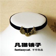 哥特原宿复古朋克摇滚叛逆羽翼翅膀爱心黑色绒带项链锁骨项圈颈饰