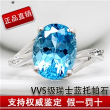 供应S925银镶嵌VVS级瑞士蓝托帕石戒指大宝石时尚女戒批发代工