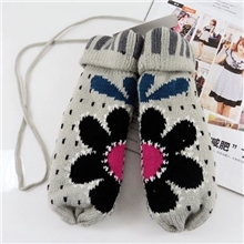 新款手套太阳花包指手套秋冬保暖毛线超可爱带绳子手套浅灰色