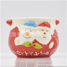 蓝帽红帽双圣诞老人瓷杯手工彩绘出口品质工艺陶瓷奶昔慕斯杯