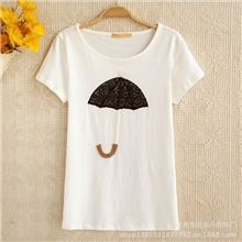 2013夏装新款热卖韩版外贸时尚手工亮片雨伞图案圆领套头短袖T恤