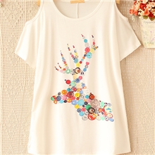 2013春夏新款热卖日系甜美圆领露肩纽扣装饰鹿印花短袖T恤