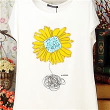 2013春夏季热卖新款外贸时尚日系亮片向日葵彩绘图案圆领短袖T恤