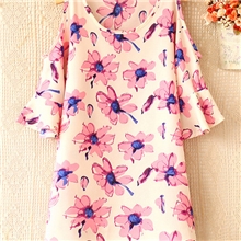 2013夏新款热卖外贸时尚女装韩版清新花朵印花露肩蝙蝠袖雪纺衫