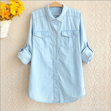 2013夏装新款热卖外贸韩版百搭翻领珍珠扣口袋长袖牛仔衬衫女