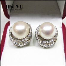 天然珍珠耳钉批发韩版饰品甜美镶钻白色高贵珍珠饰品烟台特色