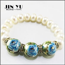 珍珠手链首饰天然淡水纯珍珠手链镶钻珍珠手绘印花饰品批发