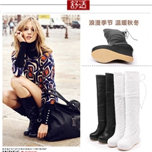 批发新款高筒靴坡跟后系带圆头休闲鞋大小码女靴子大筒围定做