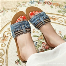 特价2013夏季新款可爱牛仔裤女鞋露趾一字型平跟凉拖鞋