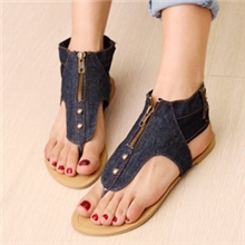 欧美时尚简约款透气牛仔布面丁字夹趾低帮平跟凉鞋