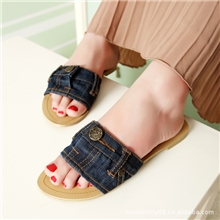 欧美2013夏季新款可爱牛仔裤牛仔布露趾一字型平跟休闲凉拖鞋