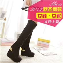 厂家直批韩版新款坡跟女靴弹力绒面高筒靴高跟防水台长靴可混批