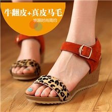 2013新款外贸真皮豹纹系列韩版搭扣鱼嘴坡跟凉鞋女鞋批发668