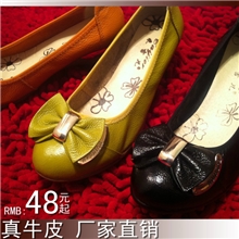802韩版蝴蝶结真牛皮女单鞋豆豆鞋平跟真皮女鞋跳舞鞋厂家直销