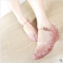 新款经典高跟坡跟果冻鞋镂空鸟巢闪亮亮片花朵水晶塑料女洞洞凉鞋