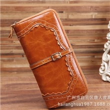 复古时尚蕾丝边女士钱包油蜡牛皮拉链钱包真皮手机包包