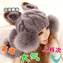 韩国秋冬恶魔角针织帽猫耳朵韩版大毛球保暖毛线帽子女萌帽批发