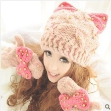 韩国秋冬恶魔角针织帽猫耳朵韩版珍珠蝴蝶结保暖可爱毛线帽子批