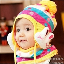 儿童帽子冬季帽子批发韩国宝宝帽双兔护耳带围巾套装毛线帽