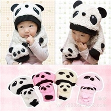 韩版熊猫帽子棉花绒两件套围巾帽冬季婴儿帽宝宝帽儿童帽子批发