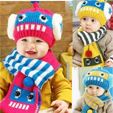 帽子批发韩国儿童机器人毛线针织帽子围巾两件套装厂家直销