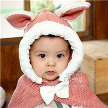 新款韩版冬季儿童兔子耳朵针织加绒连帽披风斗篷女童宝宝披肩帽子
