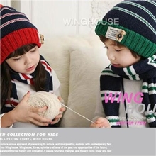 韩版儿童纽扣小熊条纹毛线秋冬帽针织帽帽子+围巾套装