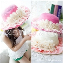 《热卖》ECM39韩版蕾丝雪纺大花儿童草帽|遮阳帽|沙滩帽