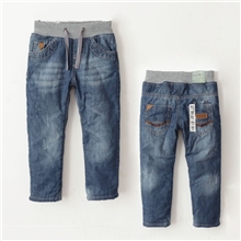 外贸童裤Z家秋季新款儿童藏青色抽绳内里夹绵加厚牛仔长裤冬棉裤