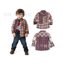 外贸秋季童装批发欧美CATIMINI格子纯棉男童衬衣9字翻领衬衫