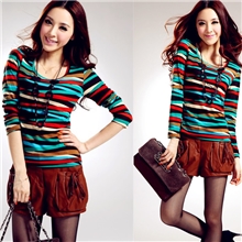 2013秋装韩版女装圆领t恤新款打底衫修身百搭彩条纹女式长袖