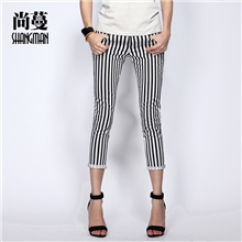 【镇厂之宝】2013夏新款欧美简约竖条纹九分裤棉女式休闲裤P380