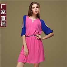 2013夏季欧美独家款夏雪纺裙泡泡袖收腰雪纺连衣裙批发QC080