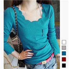 春秋装新款女装百搭款花瓣领小性感烧花波浪领长袖T恤衫批发