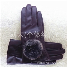女士真皮兔毛球手套多色皮手套仿皮手套可爱手套冬天保暖手套