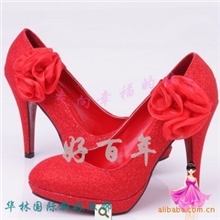 新娘婚婚鞋礼服鞋宴会鞋红色玫瑰绢花两用款高跟鞋GPS-5B