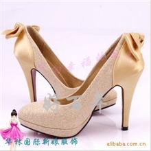 好百年新娘鞋宴会鞋礼服鞋缎面蝴蝶结金色高跟鞋GPS-333