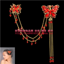 红色水钻双蝴蝶旗袍头饰新娘头饰婚纱礼服配饰新娘饰品批发