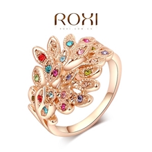 ROXI速卖通外贸畅销款首饰批发奥地利水晶玫瑰金彩钻孔雀戒指
