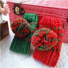 韩版冬圣诞可爱大毛球AB版半指手套女士露指保暖毛线针织手套短