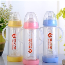 开心宝宽口带保护套带手柄带吸管260ML婴儿玻璃奶瓶批发代理