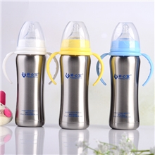 开心宝220ml宽口径带手柄自动吸管不锈钢真空保温奶瓶批发