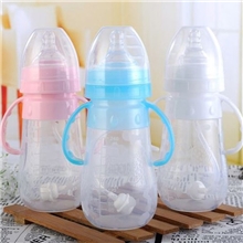 母婴用品批发代理开心宝宽口径带手柄250ML全硅胶自动吸管奶瓶