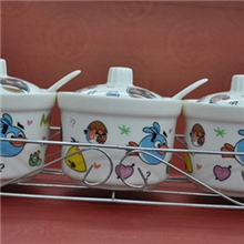 套装调味罐陶瓷卡通调味罐三件套陶瓷调味罐带铁架