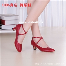 厂家定做真皮舞蹈鞋软底女交谊舞鞋摩登鞋红色牛皮交叉带