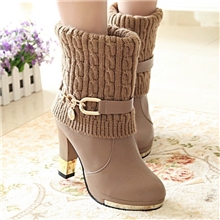 2013秋冬高跟中筒靴女圆头学生棉靴毛线厚靴学院马丁靴粗跟女鞋子