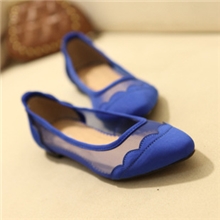 春夏甜美春款布面波浪边拼接透视网布镂空效果尖头平底单鞋女鞋子